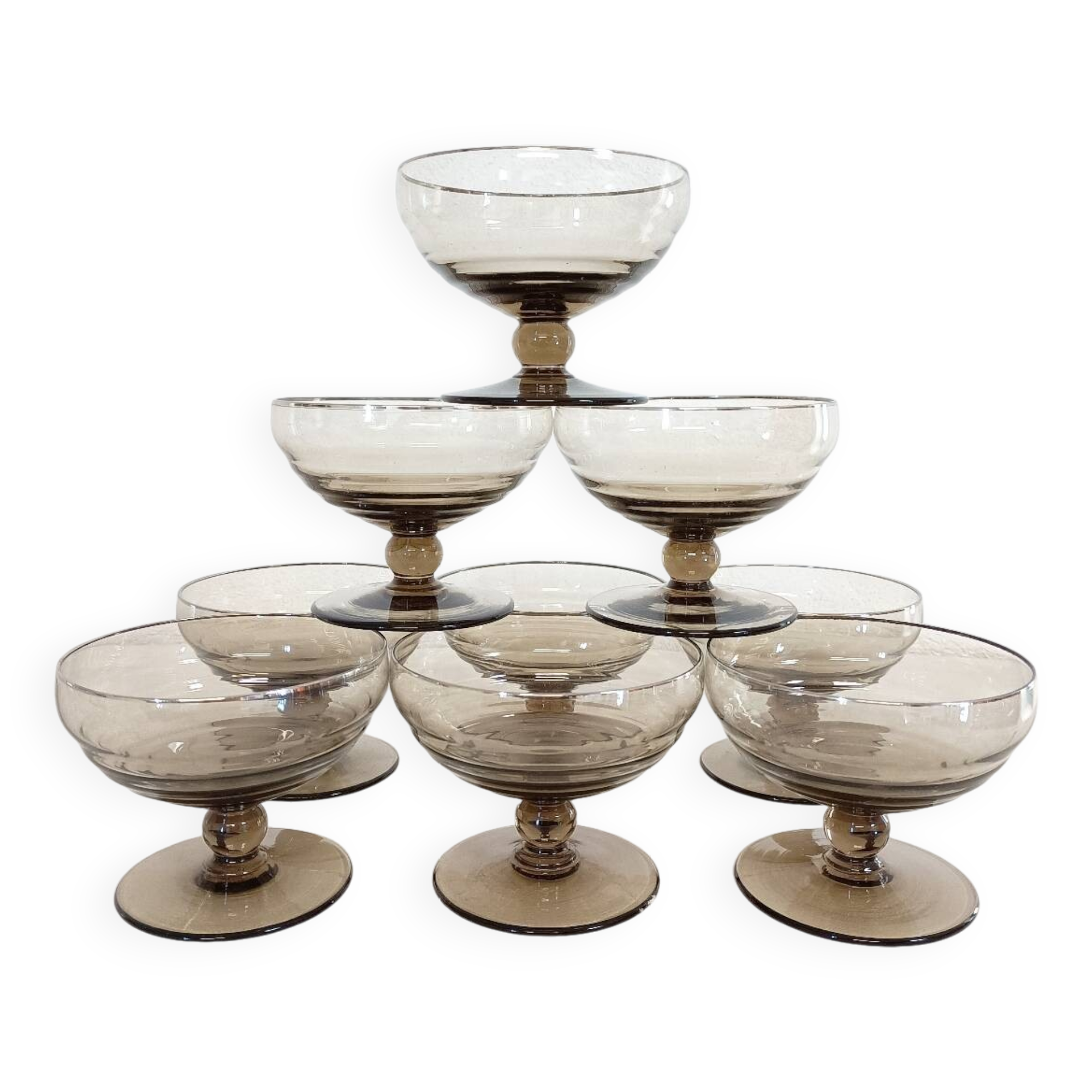 Set of 9 smoked glass champagne glasses