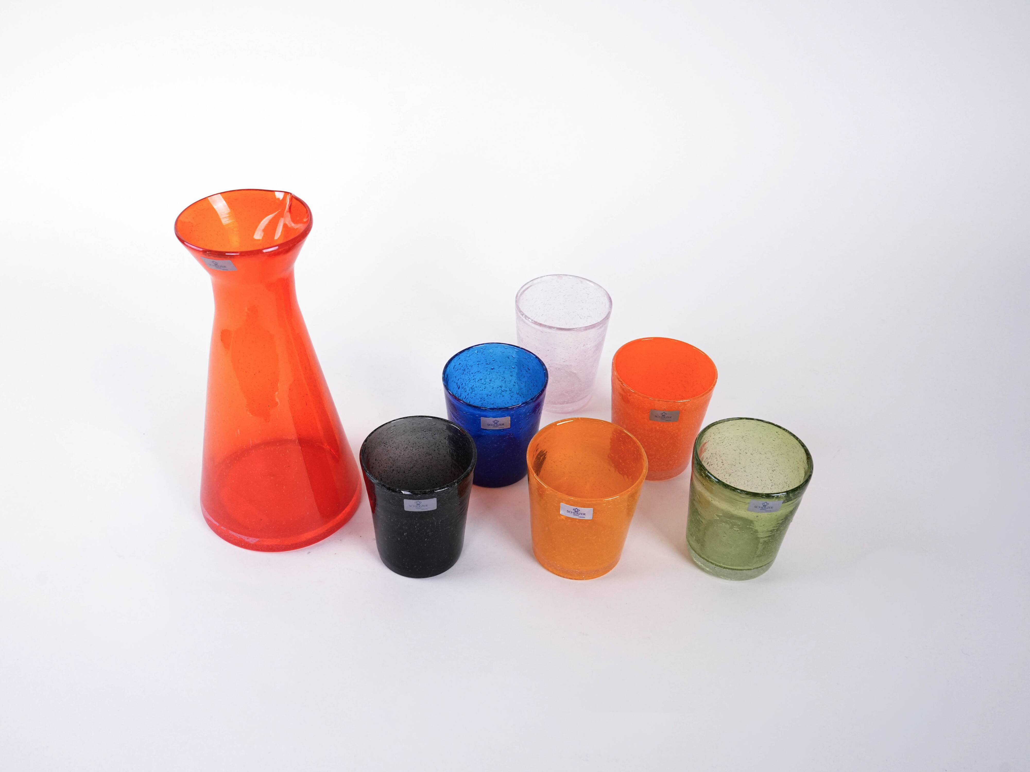 Colourful set of glasses and carafe, Scherzer Bavaria, 1980s, made in Germa