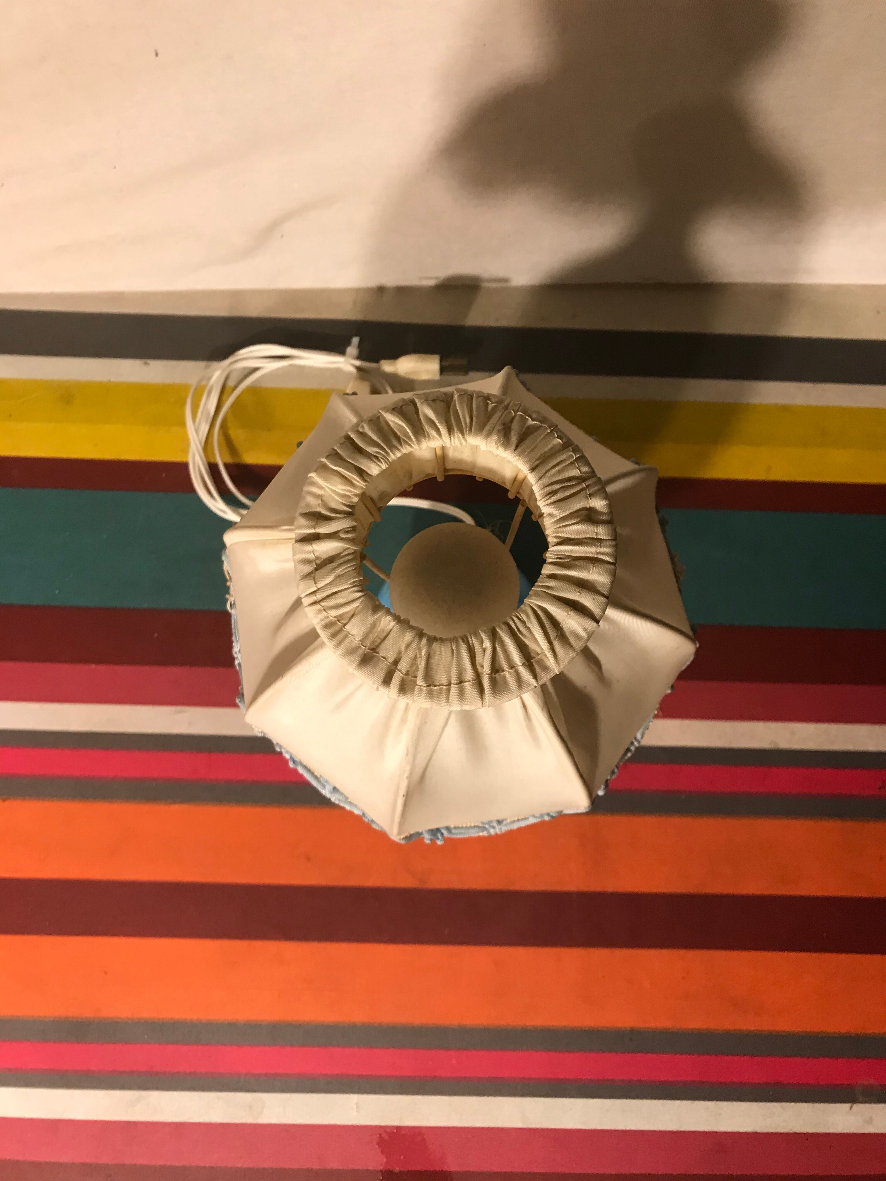 Ancienne lampe chevet corps opaline bleu + abat-jour crème vintage