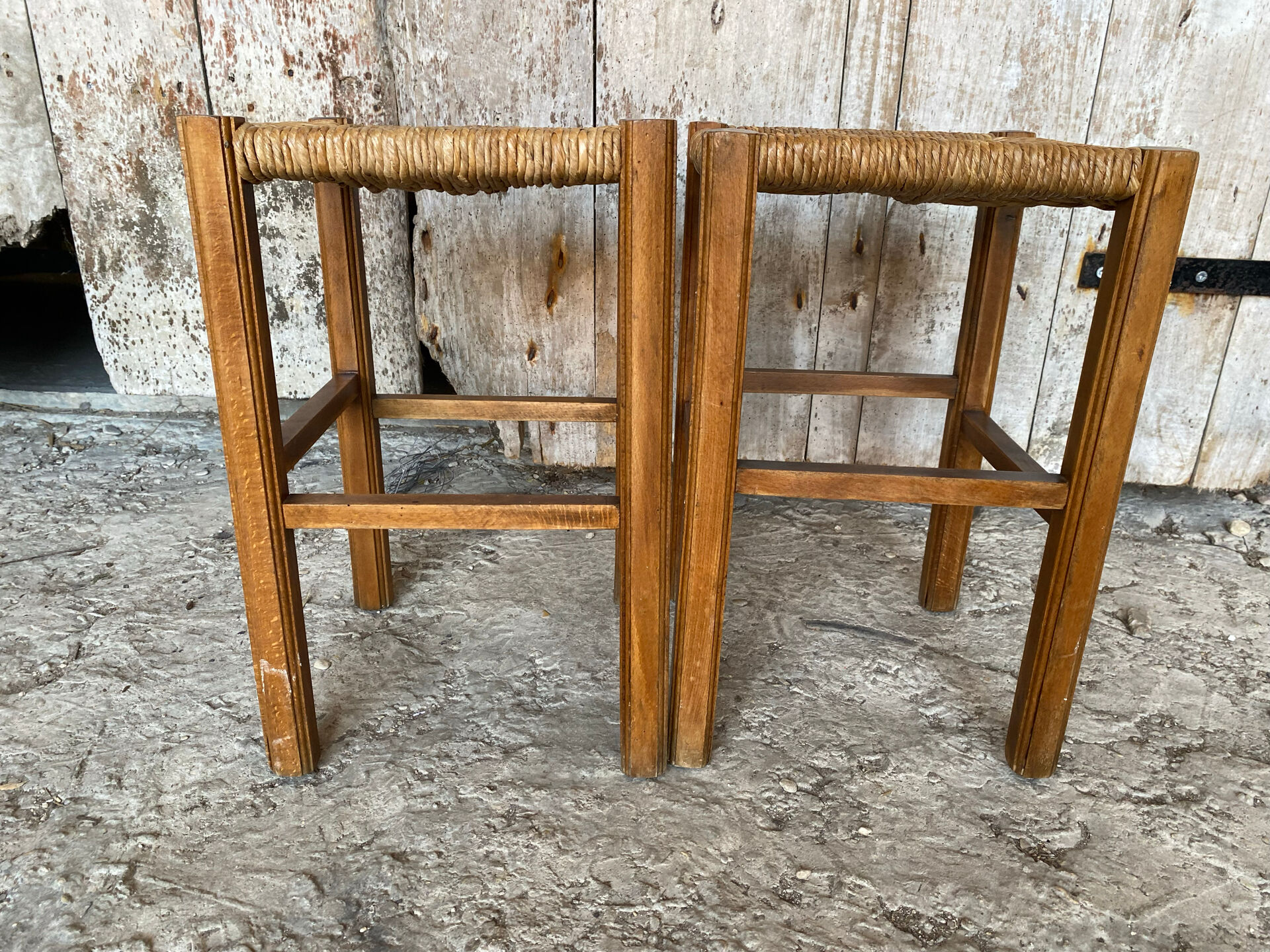 Pair of Antique Carved Wood Stools + Vintage Straw Seat #E029