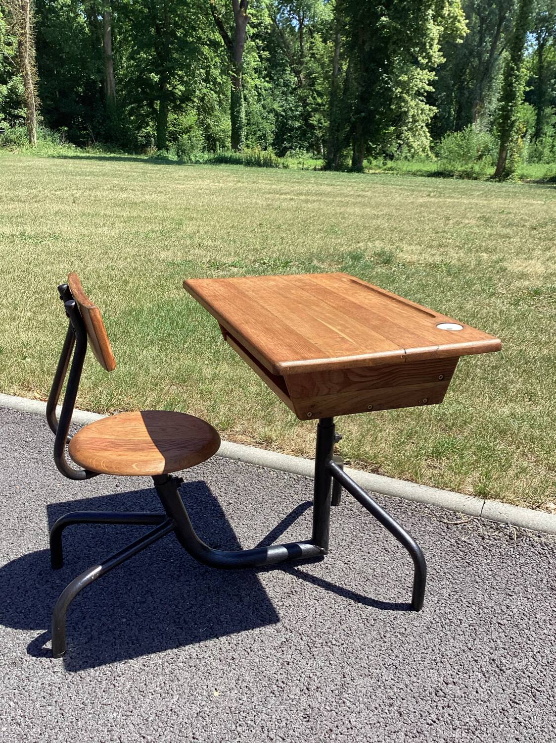 School desk - tubular metal and wood desk Prouvé style