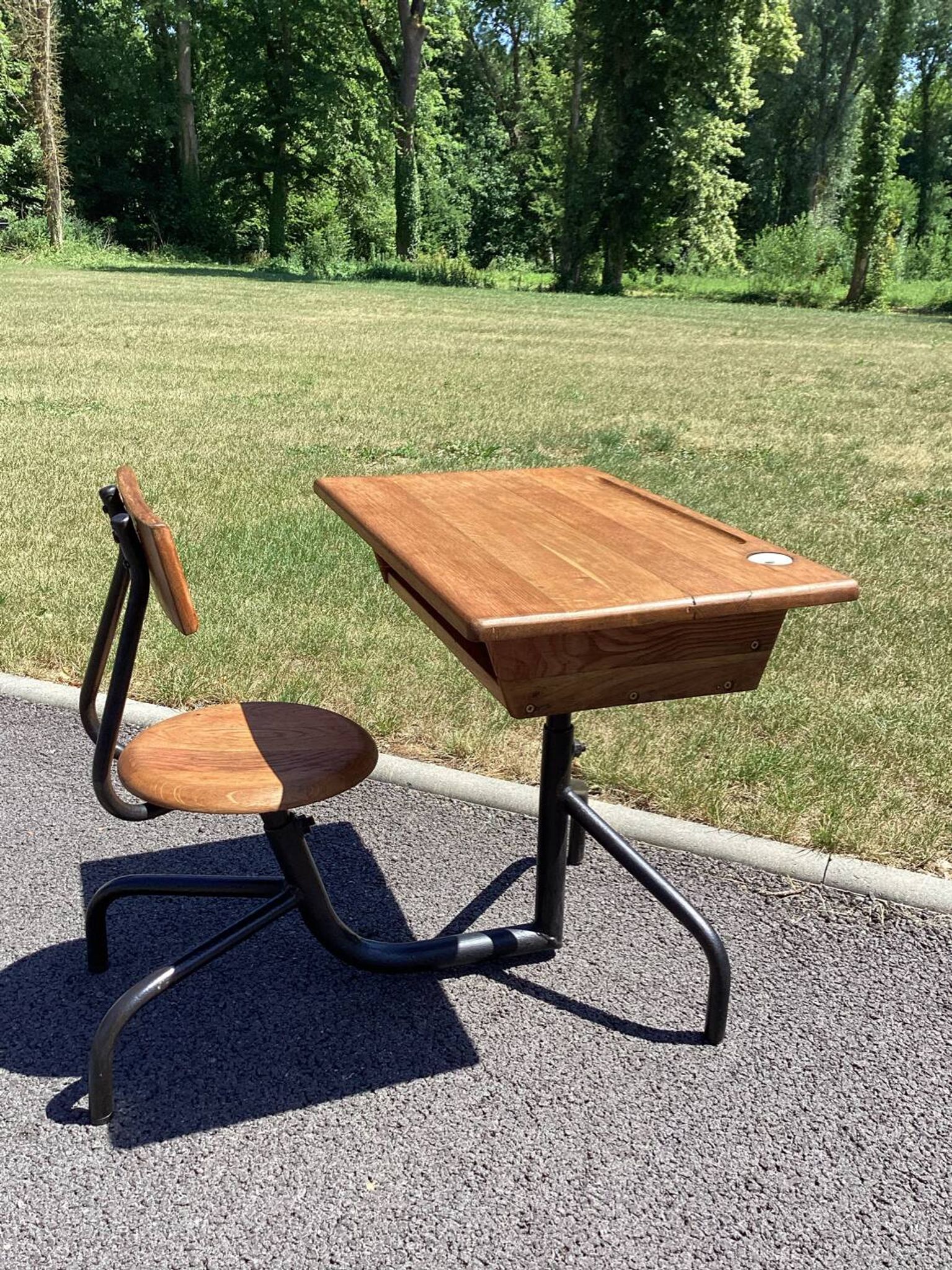 School desk - tubular metal and wood desk Prouvé style