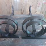 Pair of wrought iron fireplace andirons circular shape vintage