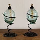 Paire de lampes à huile, verre soufflé, métal