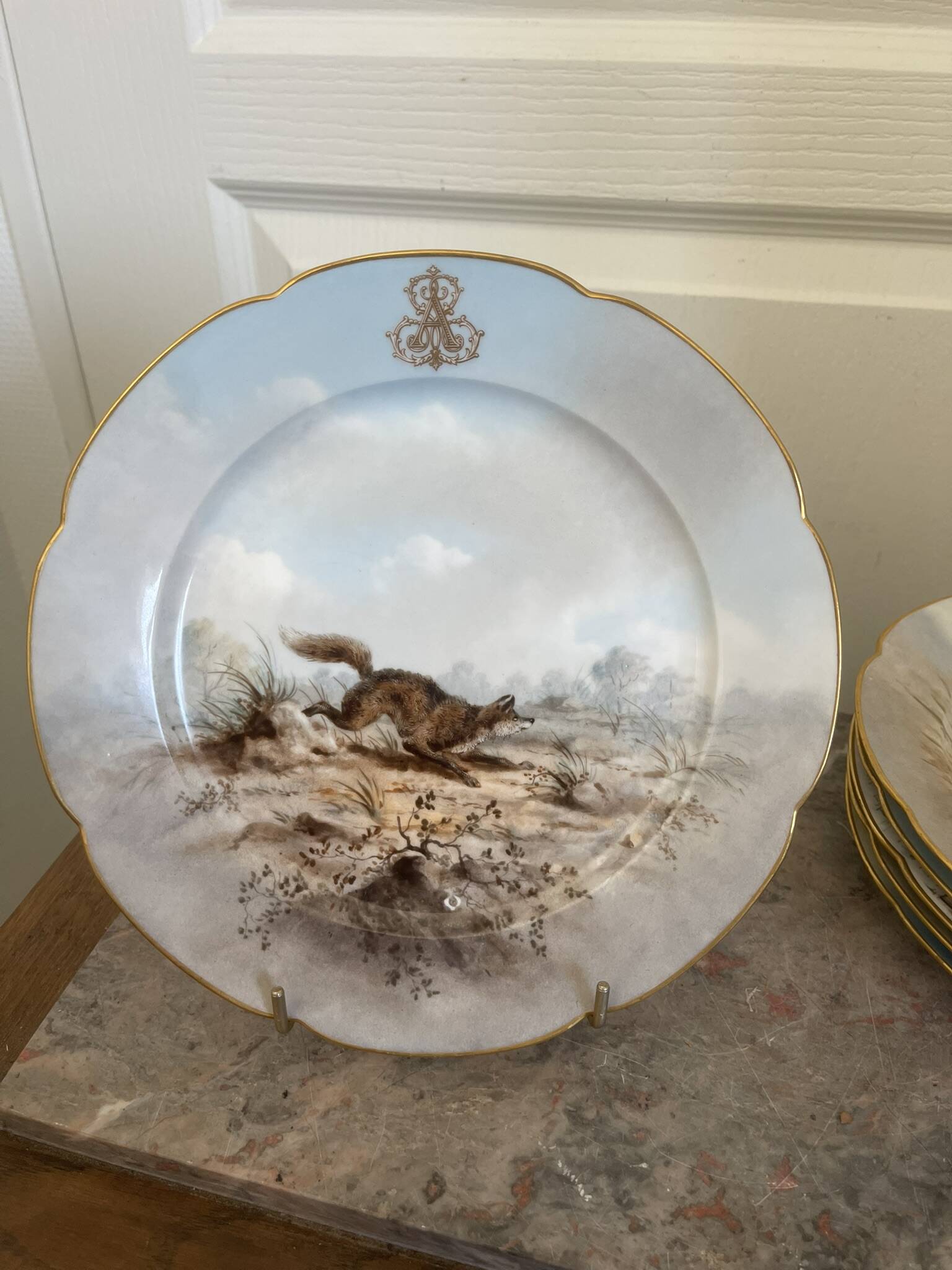 Antique 6x Sèvres Porcelain Plates Lahore & Basket 19th Century Hunting