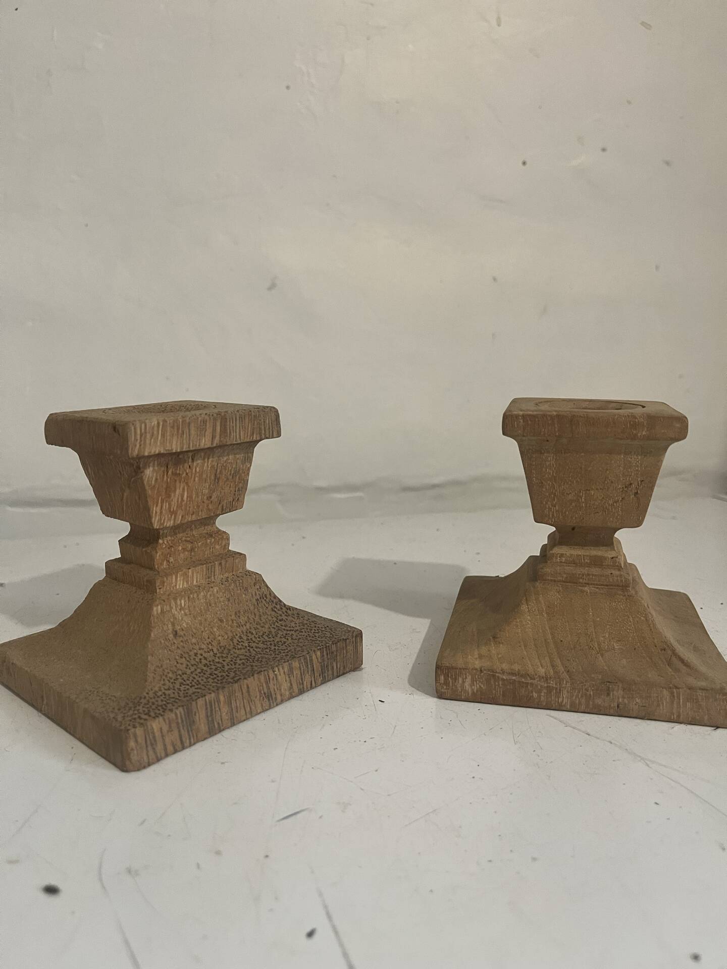 Pair of square teak candle holders — Scandinavian / natural style