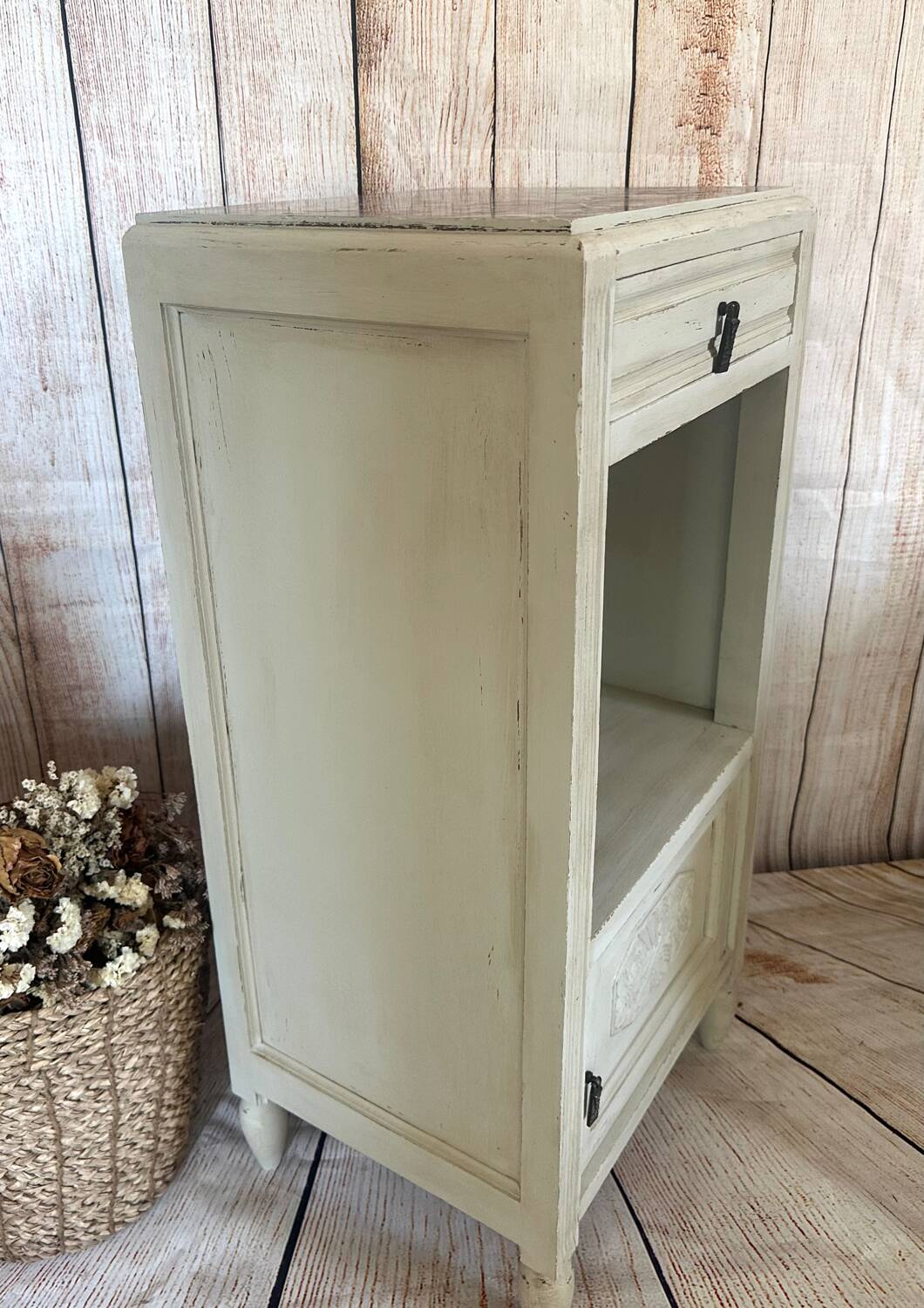 White patinated bedside table with a marble top