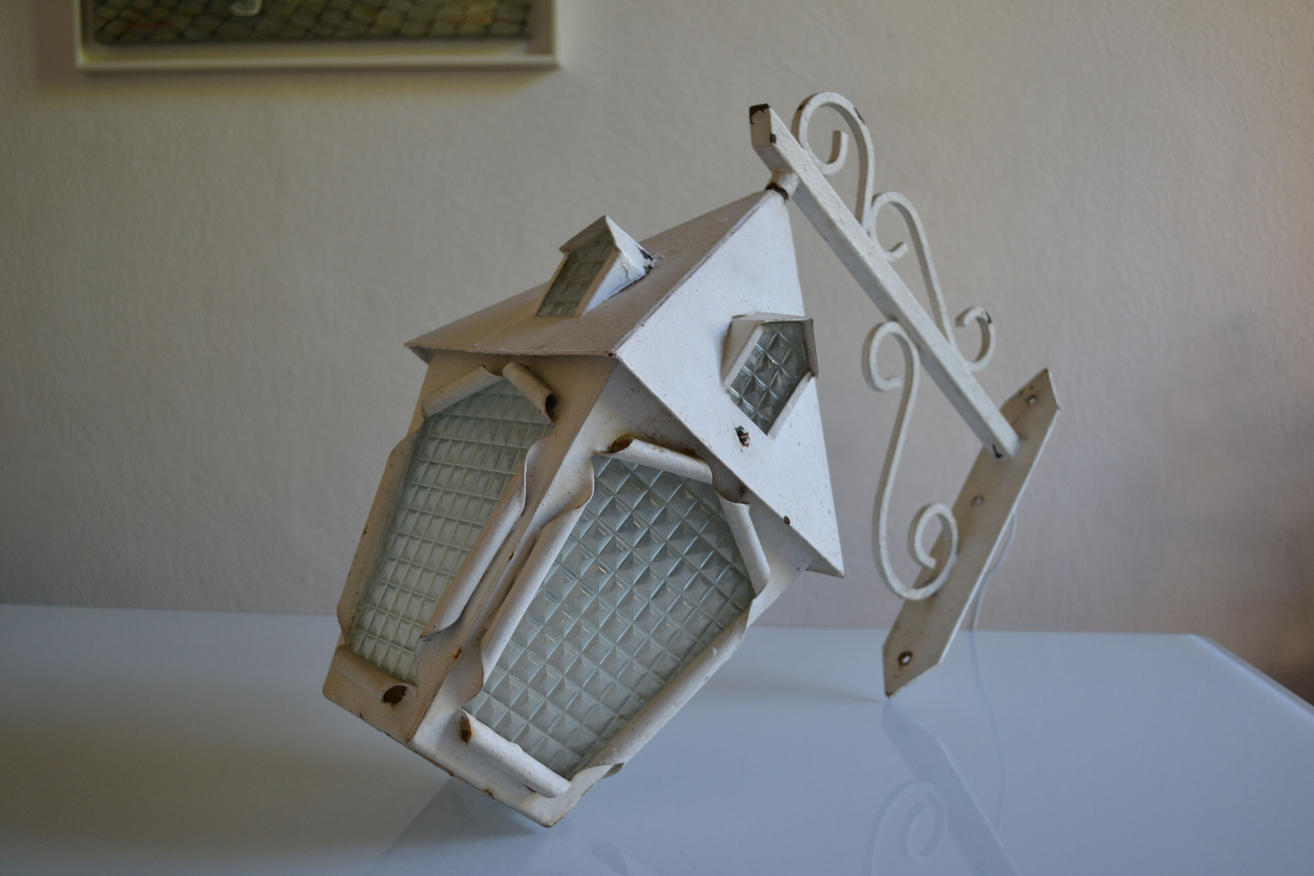 Vintage 1950 wall lamp lantern in wrought iron and glass