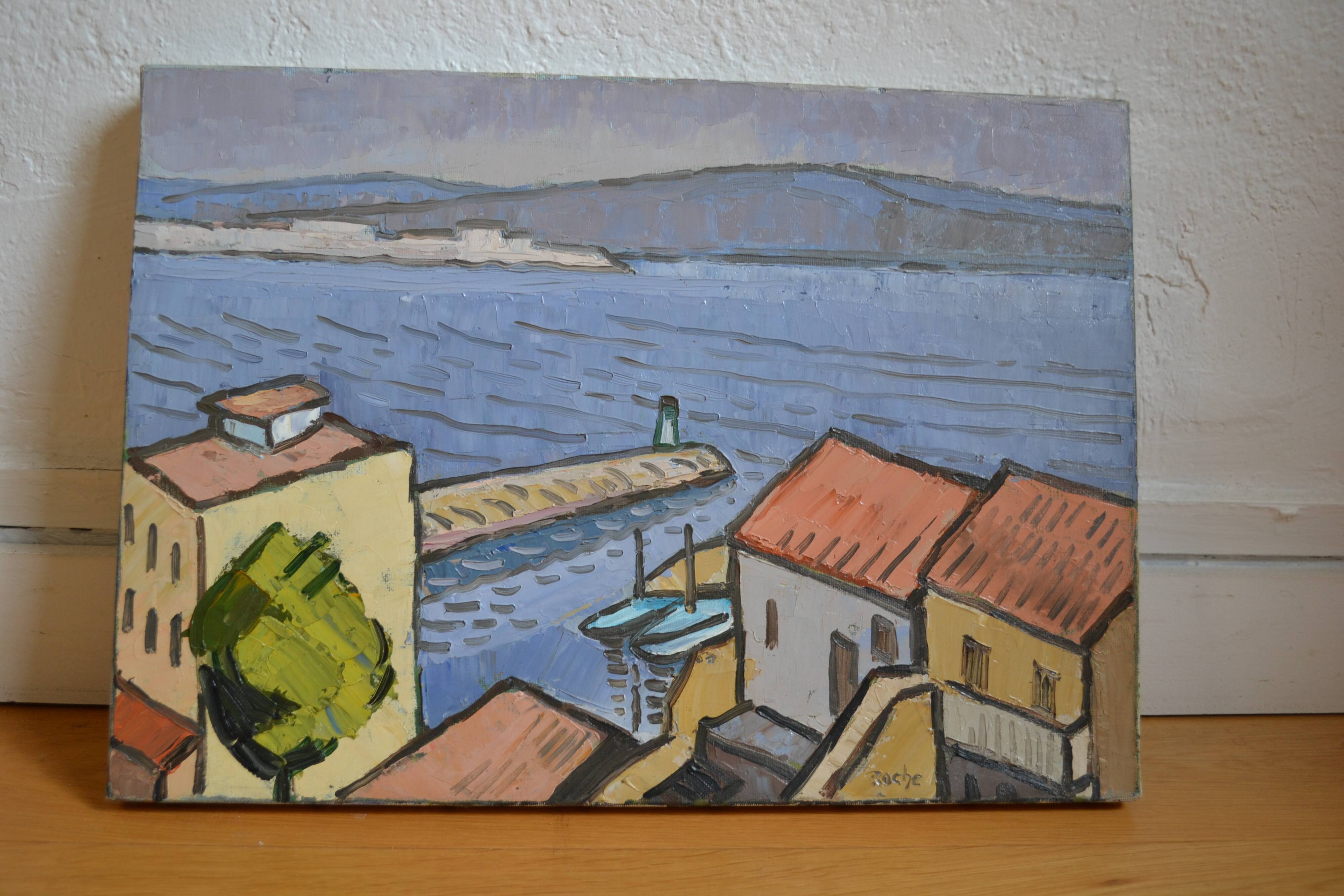 Marseille Corniche Valmer seaside landscape painting HST signed Roche