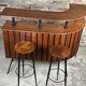 Cocktail bar in teak and metal and its 2 vintage stools 1950'S