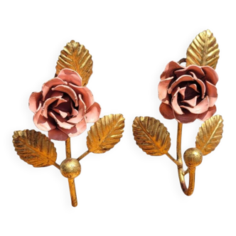 Paire de patères roses et dorées