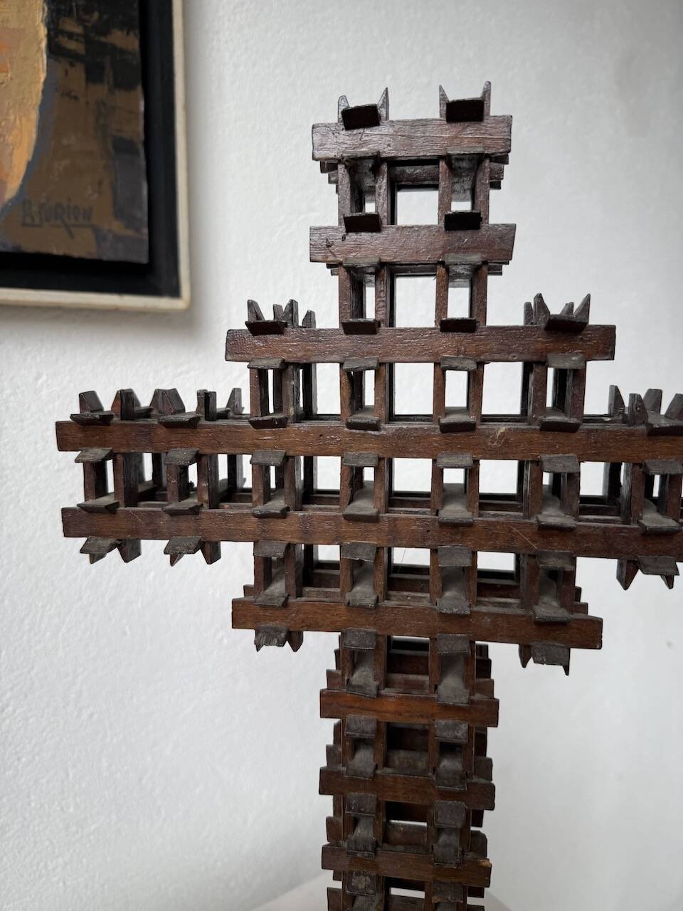 Crucifix sculpture Tramp Art 1900