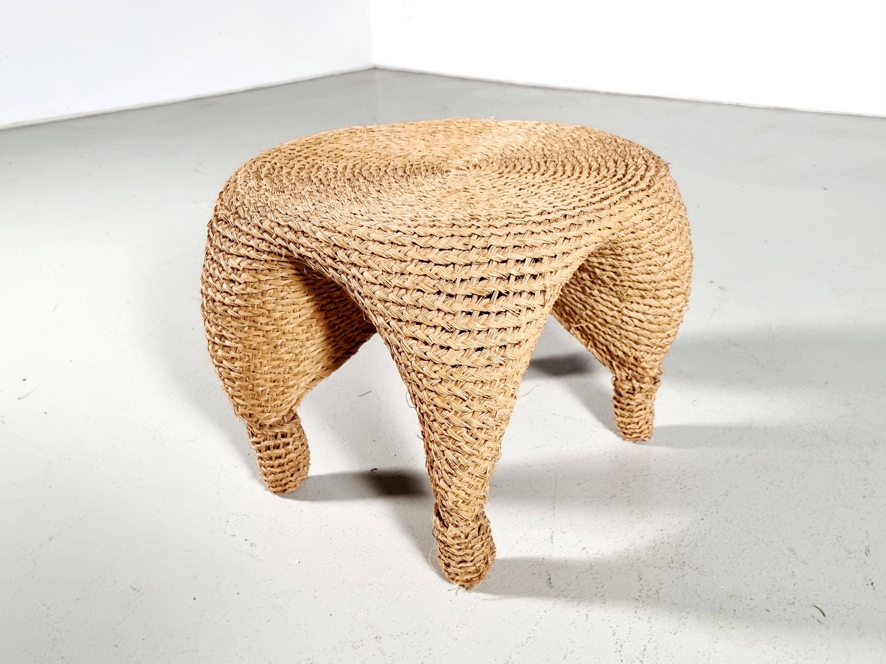 Wicker and pine needle table and stools, France, 1980s