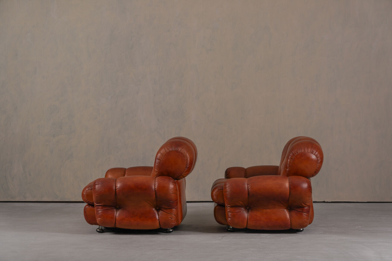 Fauteuils de club italiens vintage en simili cuir cognac, Italie années 1970, ensemble de 2