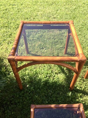 Bamboo pull-out table / leather and vintage glass