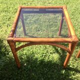 Bamboo pull-out table / leather and vintage glass