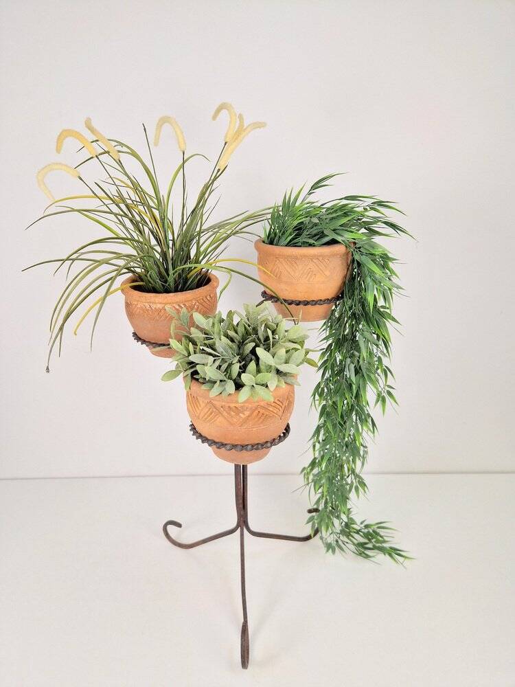 Brutalist Wrought Iron Plant Stand with Handmade Terracotta Pots, 1970s, Set of 4