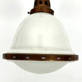 Vintage Industrial chandelier in copper and milk glass. Italy 1950s