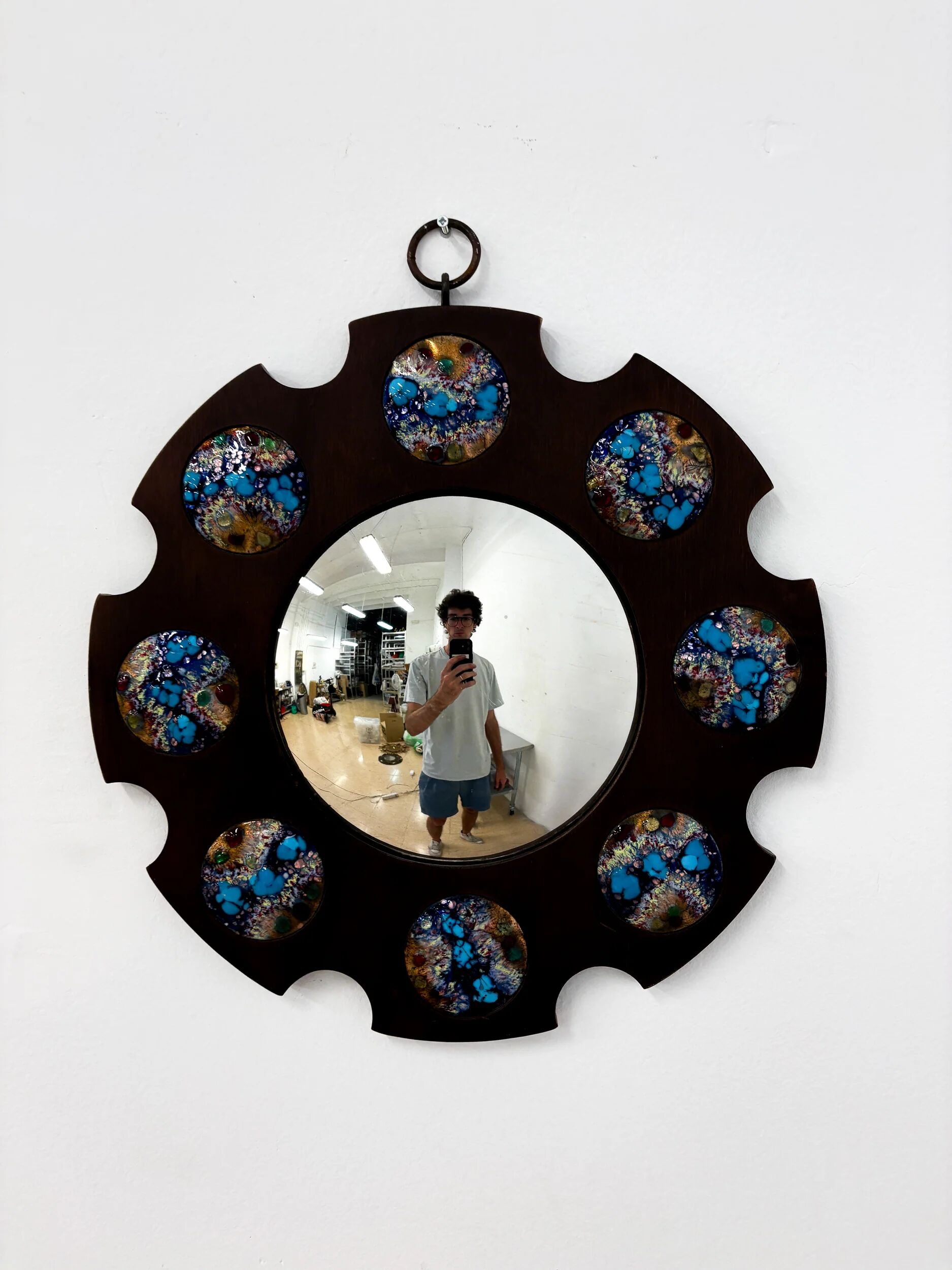 Modernist wood and enamel mirror by J. Capo Esmaltes, Spain, 1970s