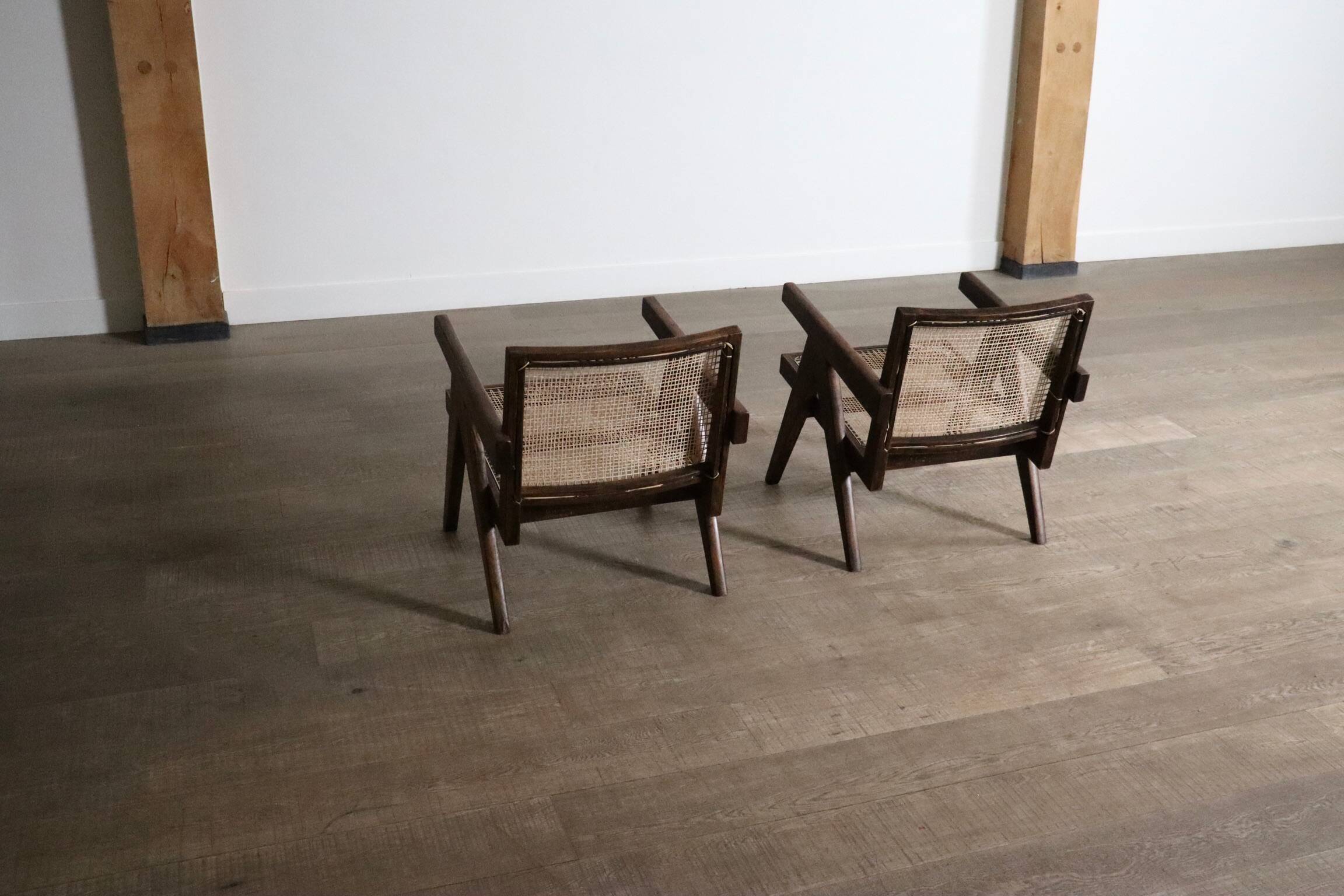 Pierre Jeanneret lounge chairs PJ-SI-29-A in teak and Cane, 1950s