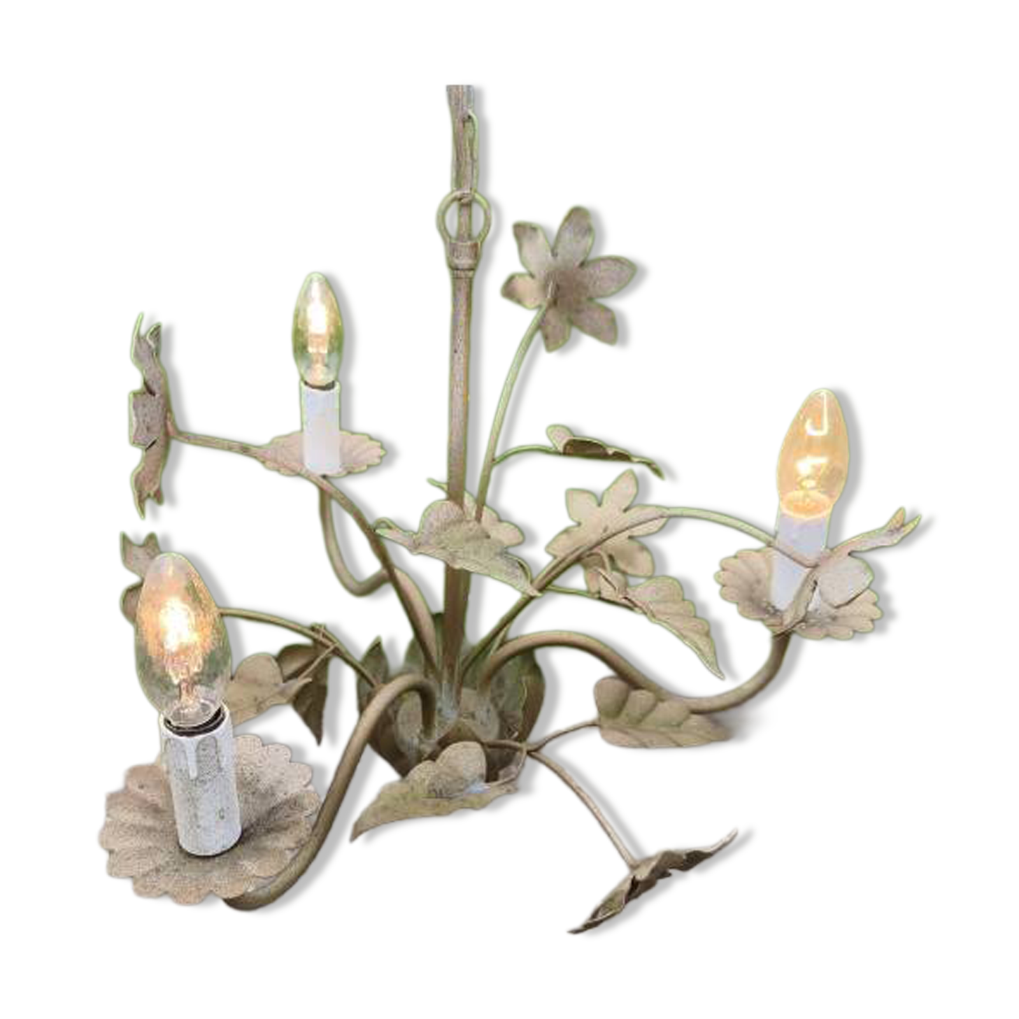 Vintage gold metal chandelier with floral decoration.