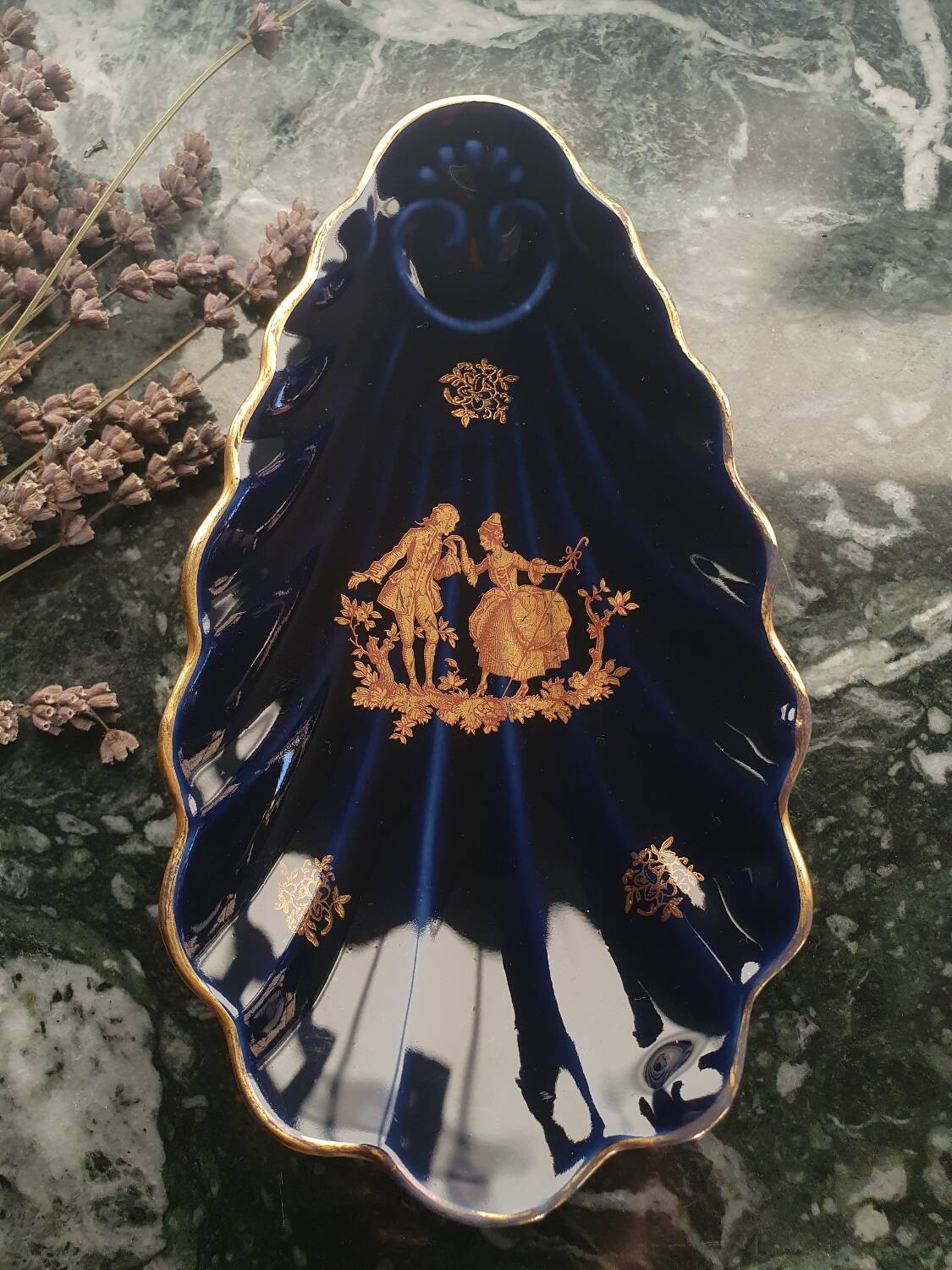 Indigo blue procelain shell trinket from Limoges, France.