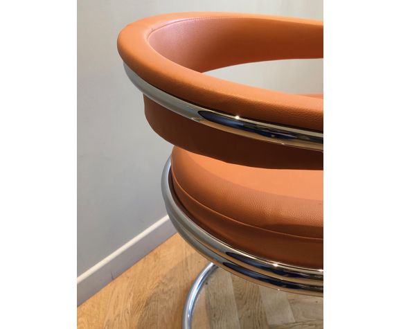 2 victoria armchairs 70s chrome tube and skaï terracotta color