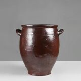 Signed Rustic Large Glazed Brown Ceramic Pot, Belgium, 1800s