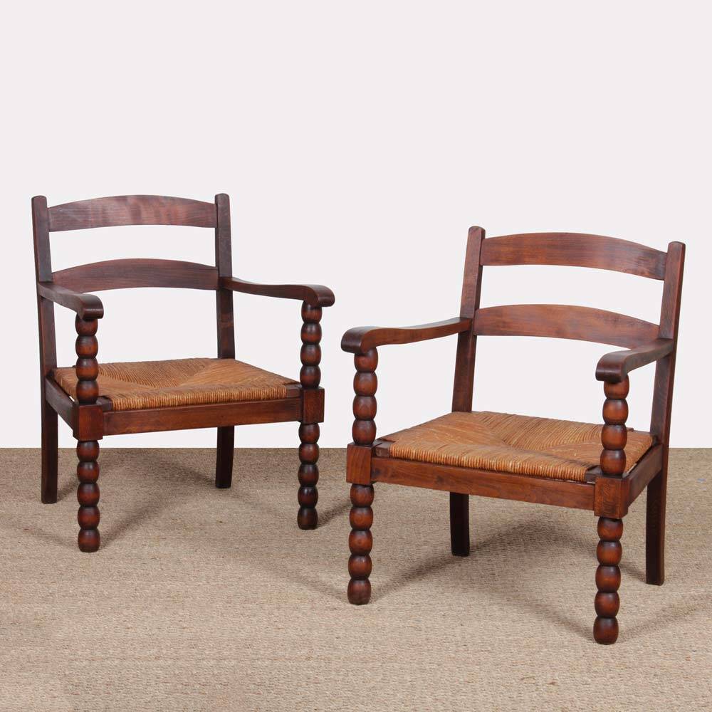 Pair of oak and straw armchairs from the 1940s