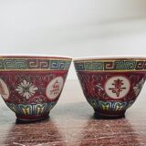 Chinese porcelain tea set in its portable wicker basket