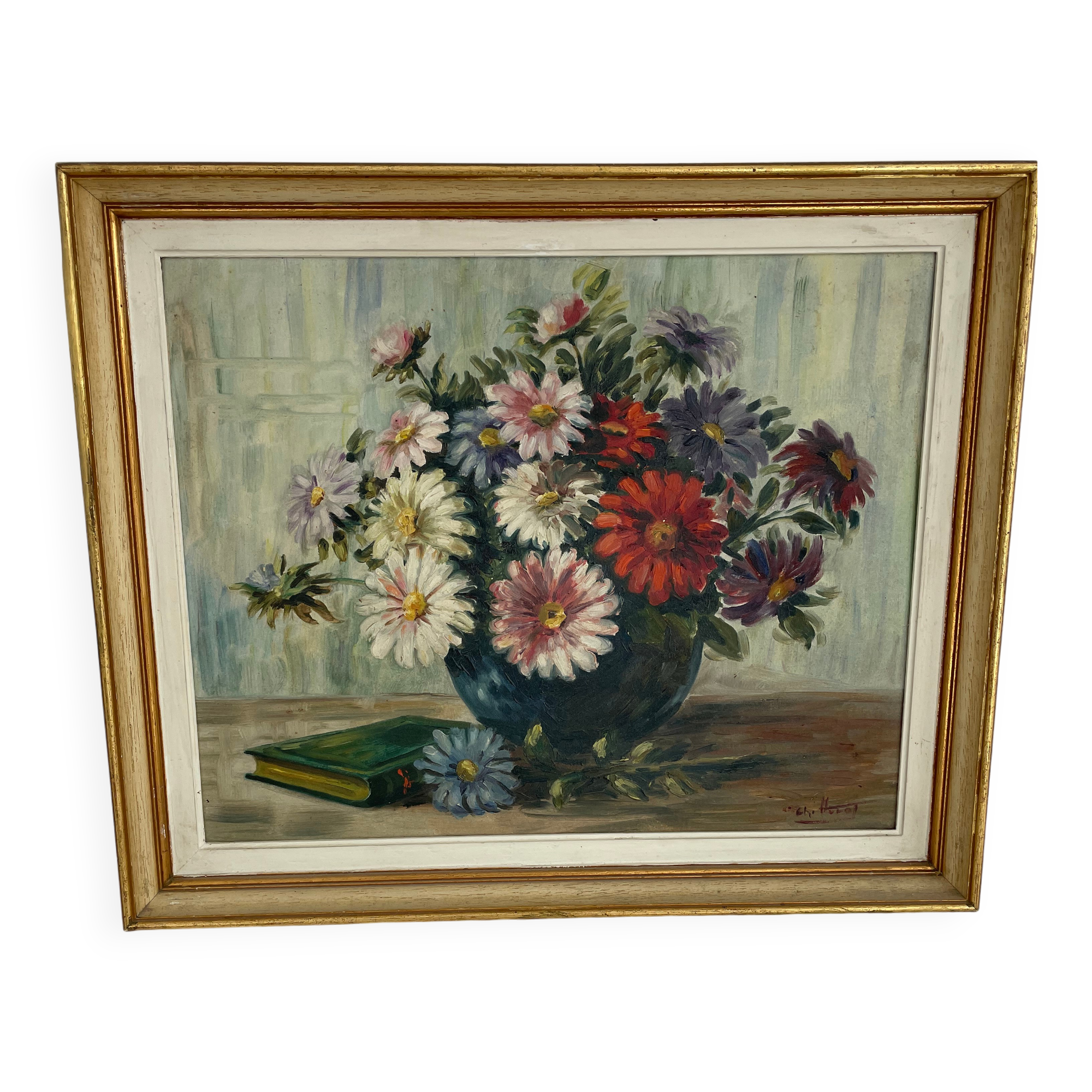 Vintage, oil painting, still life with bouquet of flowers, book, 20th century, signed