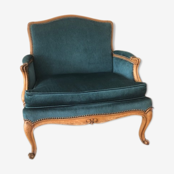 Louis XV armchair with sober mouldings and duck blue velvet