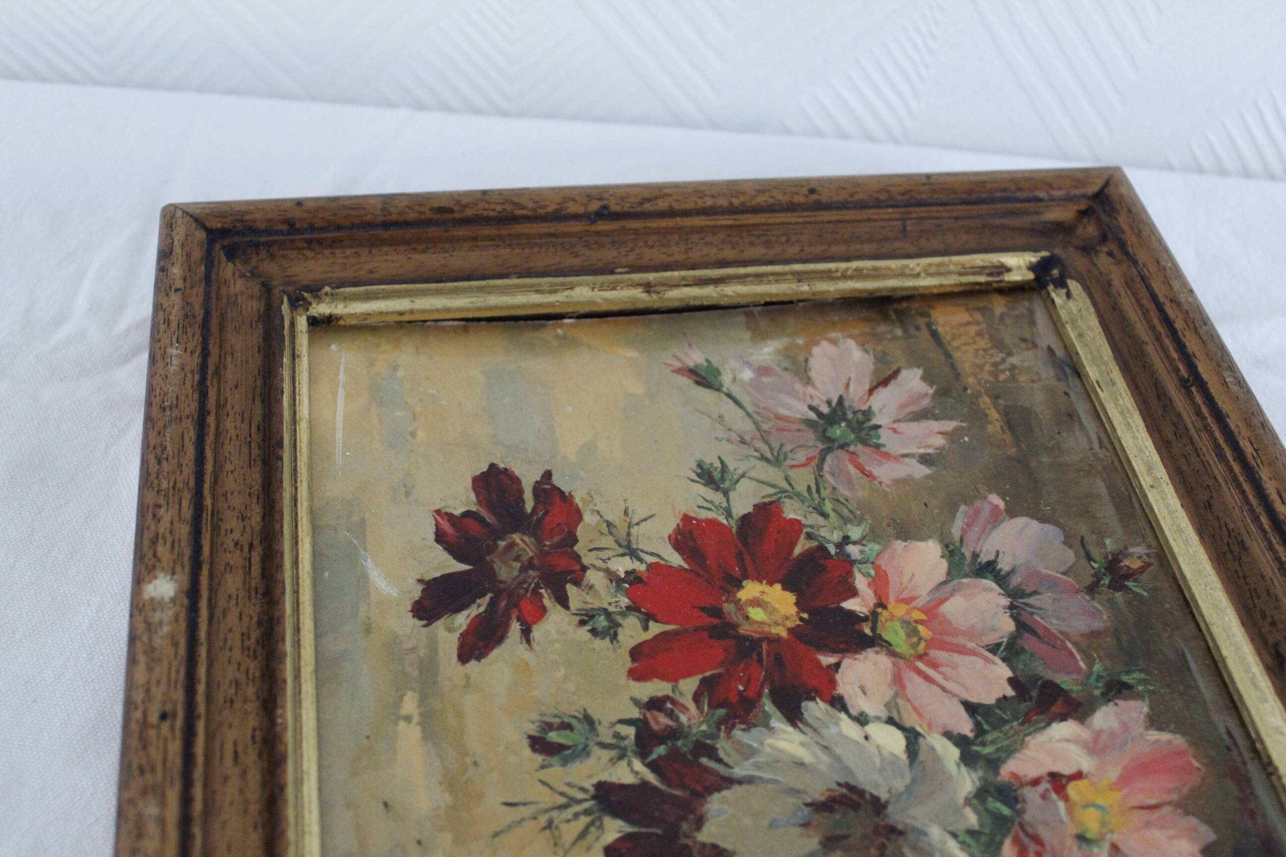 Oil on cardboard signed - still life, bouquet of cosmos