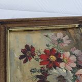 Oil on cardboard signed - still life, bouquet of cosmos