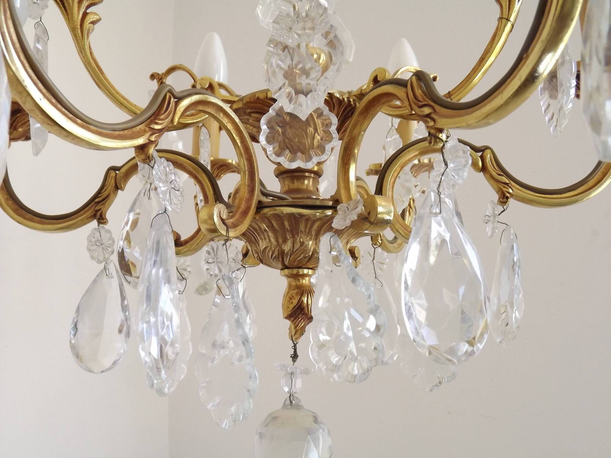 Mid Century Louis XV style cage chandelier - 6 arms - Brass and Crystal