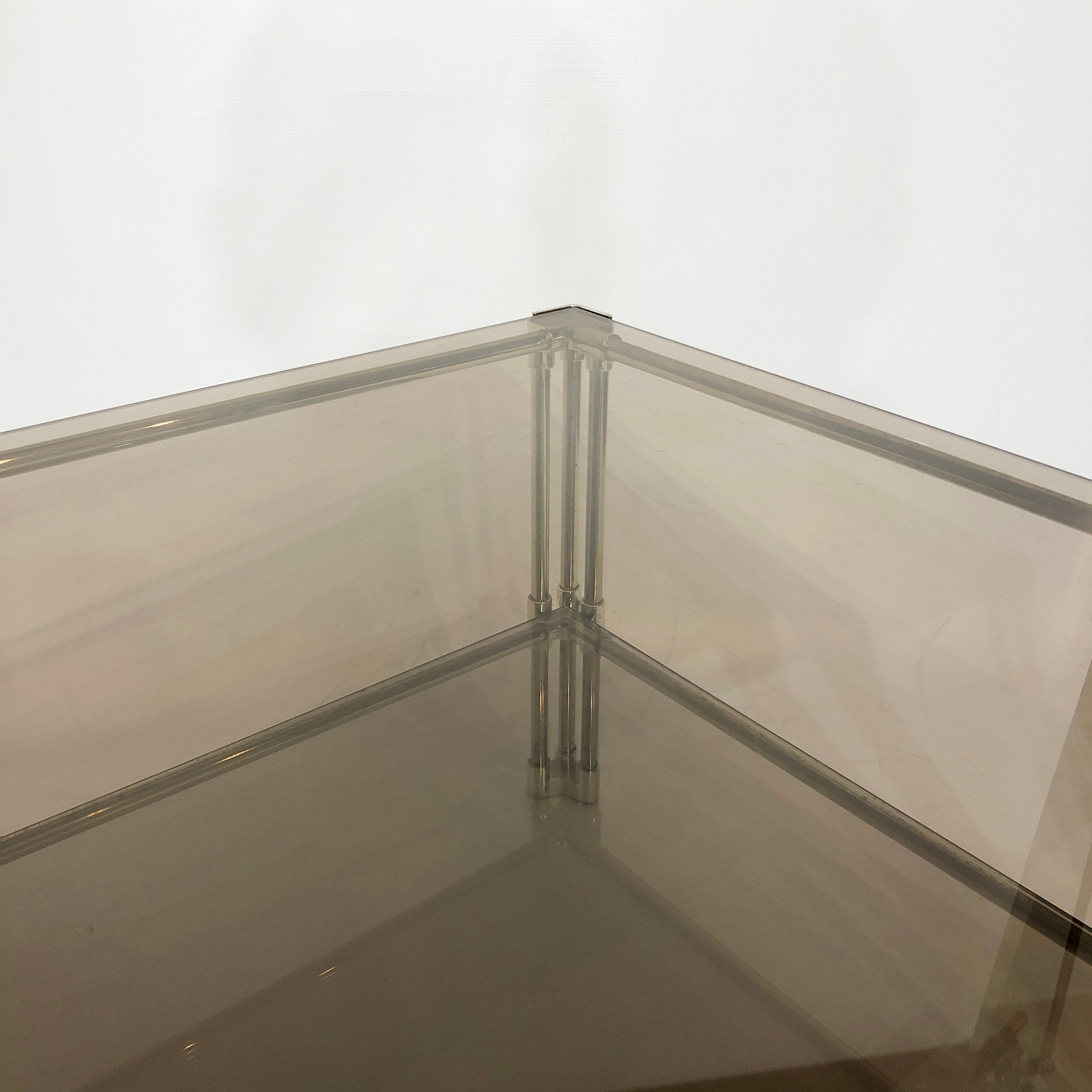 Brass two-tiered coffee table hollywood regency gold smoked glass 1970s