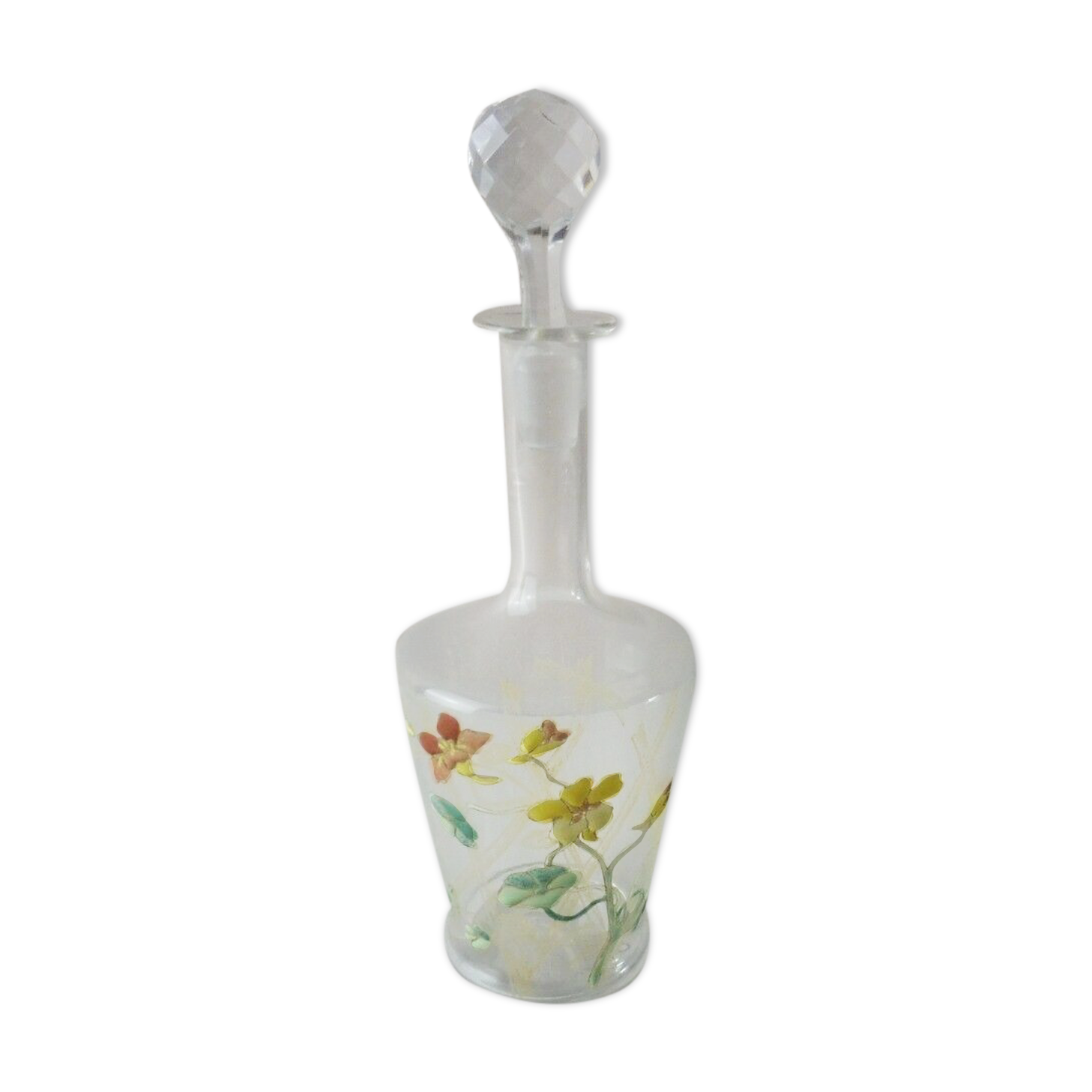 Old enamelled decanter, flower decoration, Legras