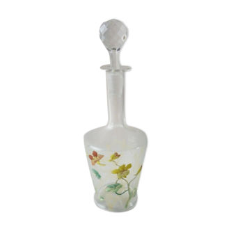 Old enamelled decanter, flower decoration, Legras