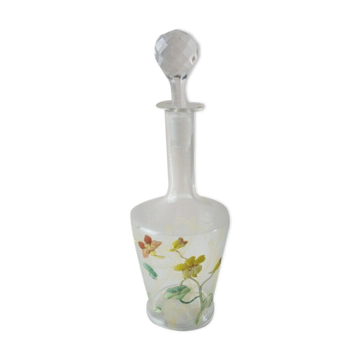 Ancienne carafe émaillée, décor fleurs, Legras