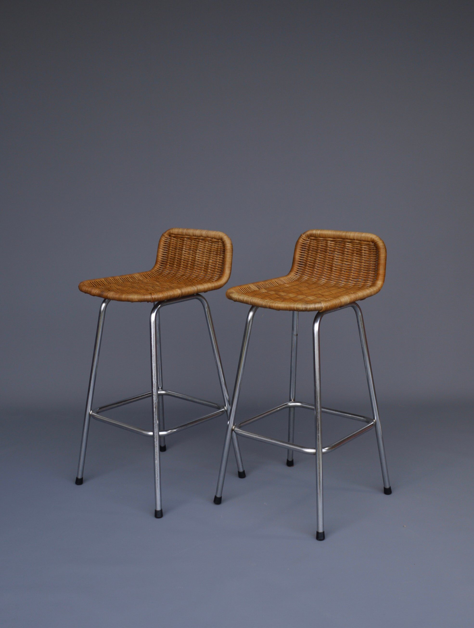 Chromed Steel and Rattan Bar Stools from Rohé Noordwolde, 1960s, Set of 2