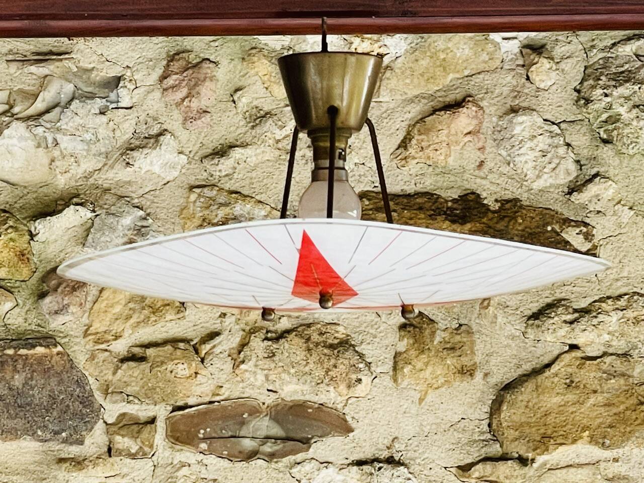 Vintage triangular ceiling light in glass and brass circa 1970s.