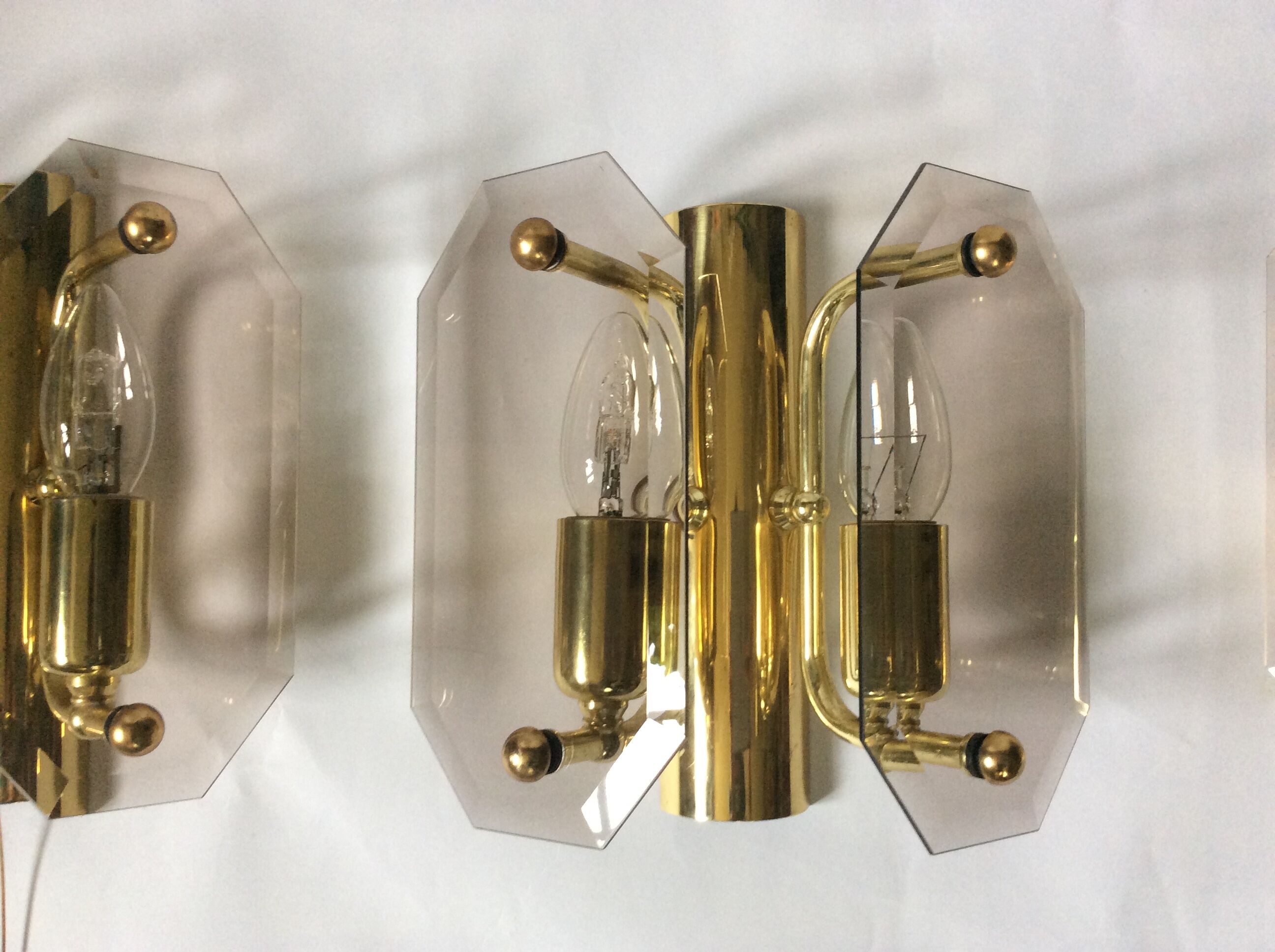 3 brass and vintage glass wall sconces