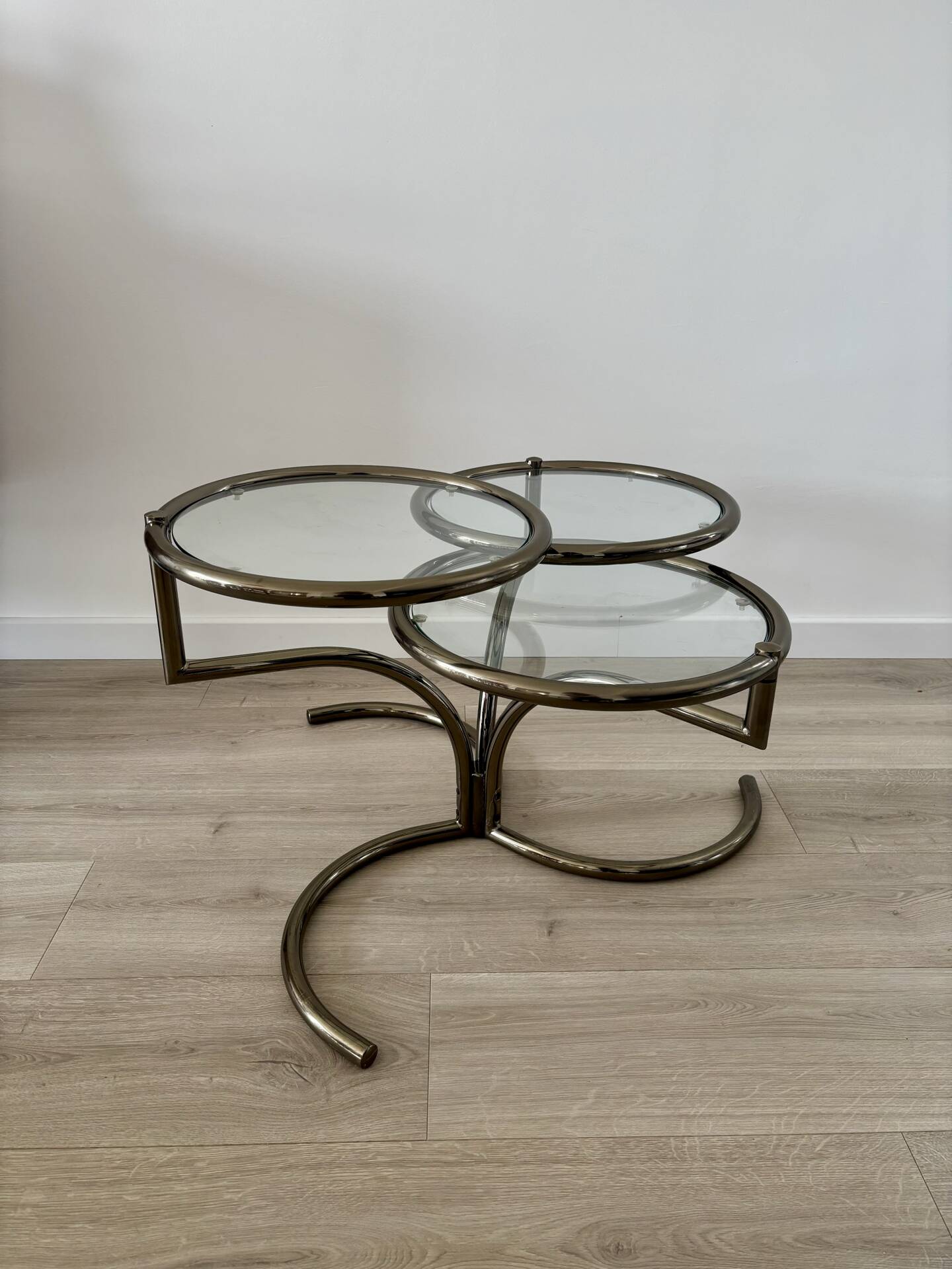 Table basse Morex attribuée à Milo Baughman années 70 3 plateaux