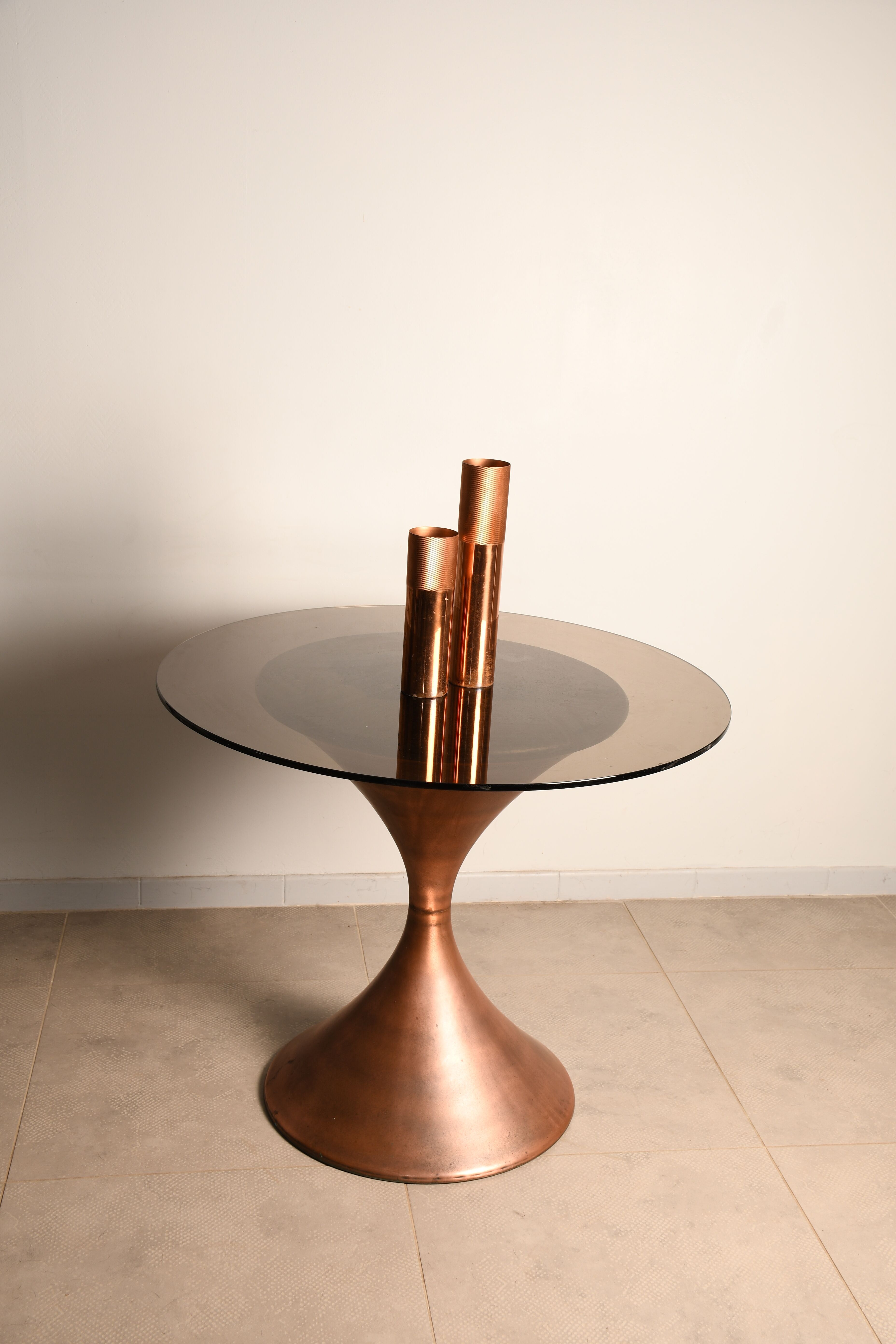 Copper table, smoked glass top from the 60s