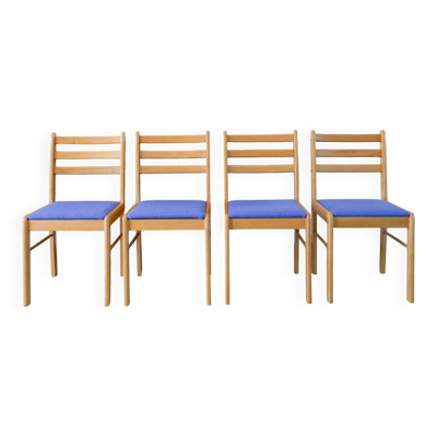 Ensemble de 4 chaises en pin massif, retapissées en laine, bleu océan, 1980