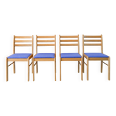 Set of 4 solid pine chairs, reupholstered in ocean blue wool, 1980.