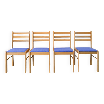 Set of 4 solid pine chairs, reupholstered in ocean blue wool, 1980.