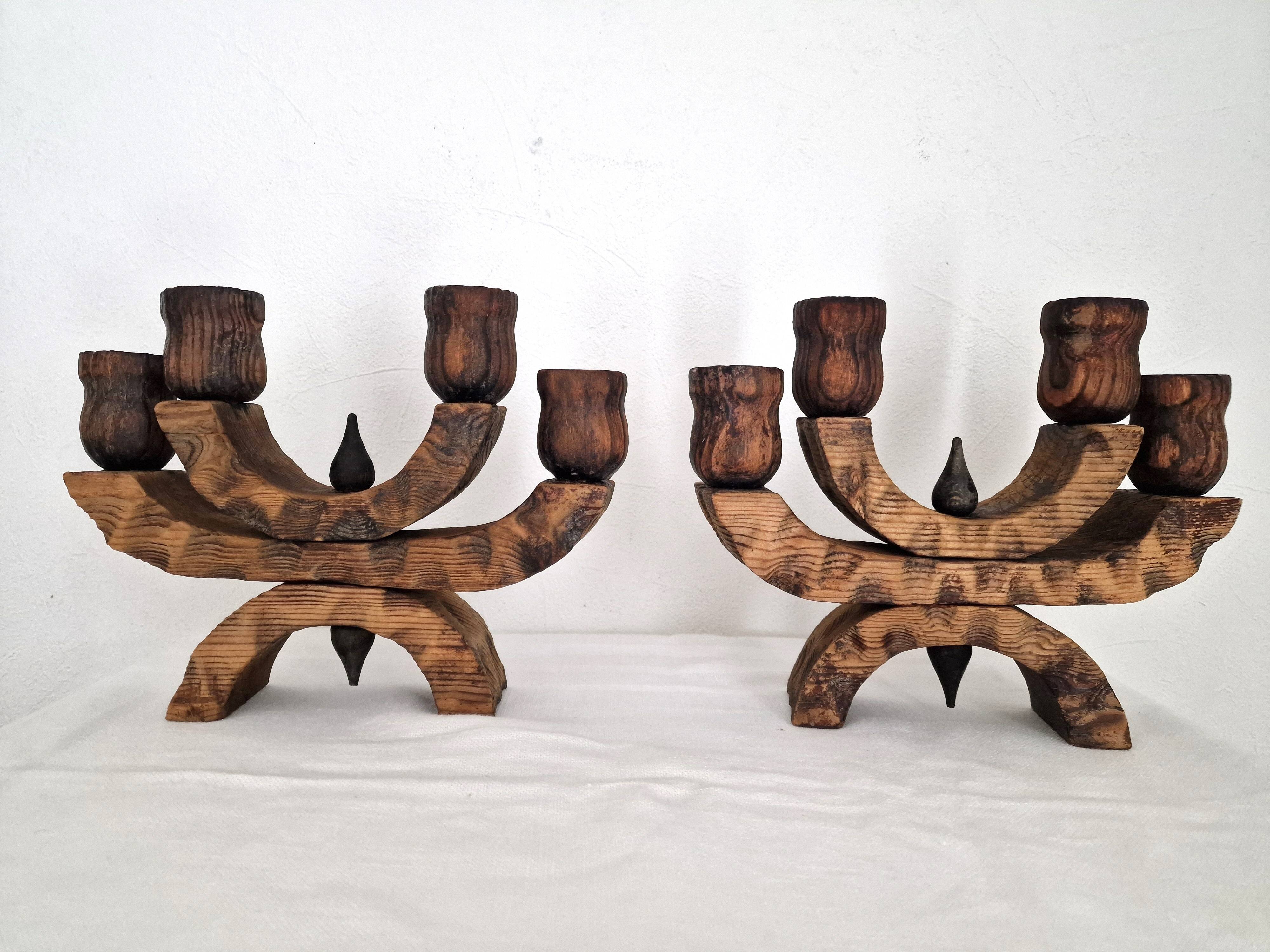 Pair of Brutalist Wooden Candle Holders