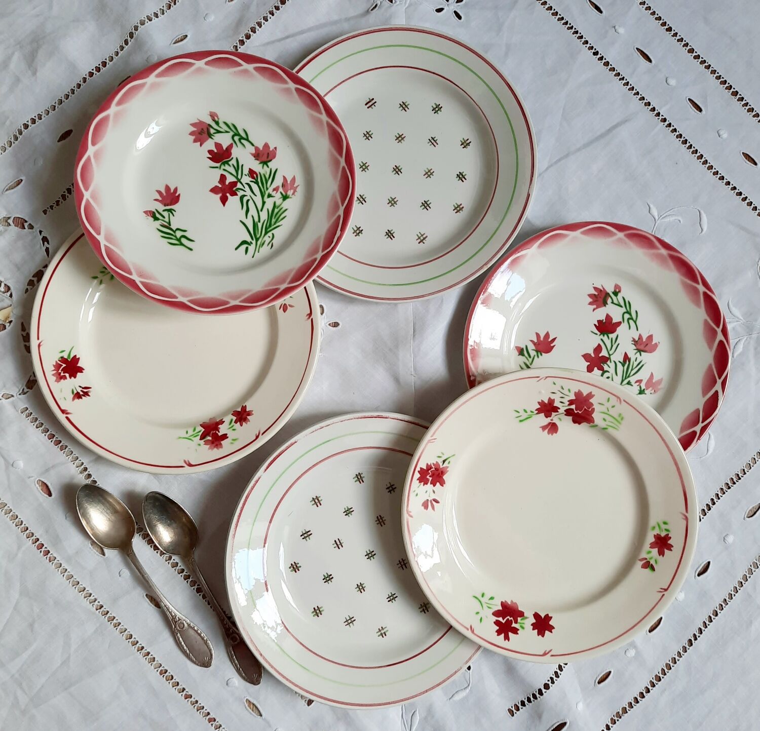 Old mismatched earthenware dessert plates