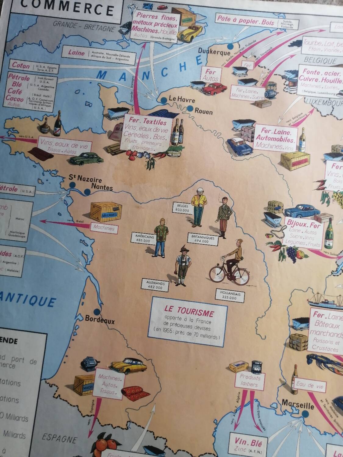 Vintage school map of France "Commerce and Clothing"